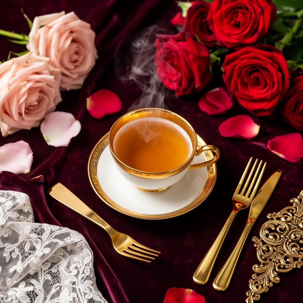 Affiche Tea Time Brunch — porcelaine dorée et roses